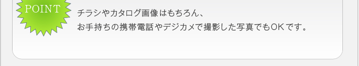 チラシやカタログ画像はもちろん、お手持ちの携帯電話やデジカメで撮
影した写真でもOKです。