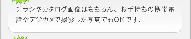 チラシやカタログ画像はもちろん、お手持ちの携帯電話やデジカメで撮
影した写真でもOKです。