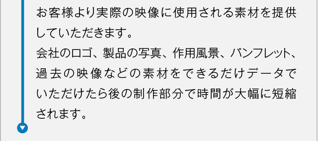 お客様より実際の映像に使用される素材を提供していただきます。
会社のロゴ、製品の写真、作用風景、パンフレット、過去の映像などの素材をできるだけデータでいただけたら後の制作部分で時間が大幅に短縮されます。