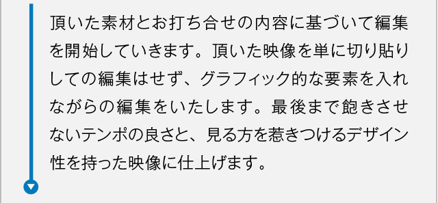 頂いた素材とお打ち合せの内容に基づいて編集を開始していきます。頂いた映像を単に切り貼りしての編集はせず、グラフィック的な要素を入れながらの編集をいたします。最後まで飽きさせないテンポの良さと、見る方を惹きつけるデザイン性を持った映像に仕上げます。